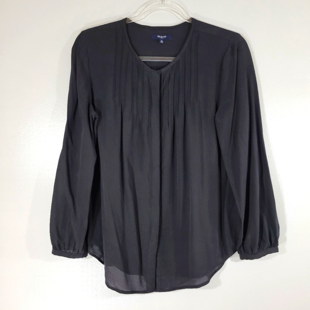 MADEWELL black 100% silk blouson sleeve pintuck flowy button front blouse